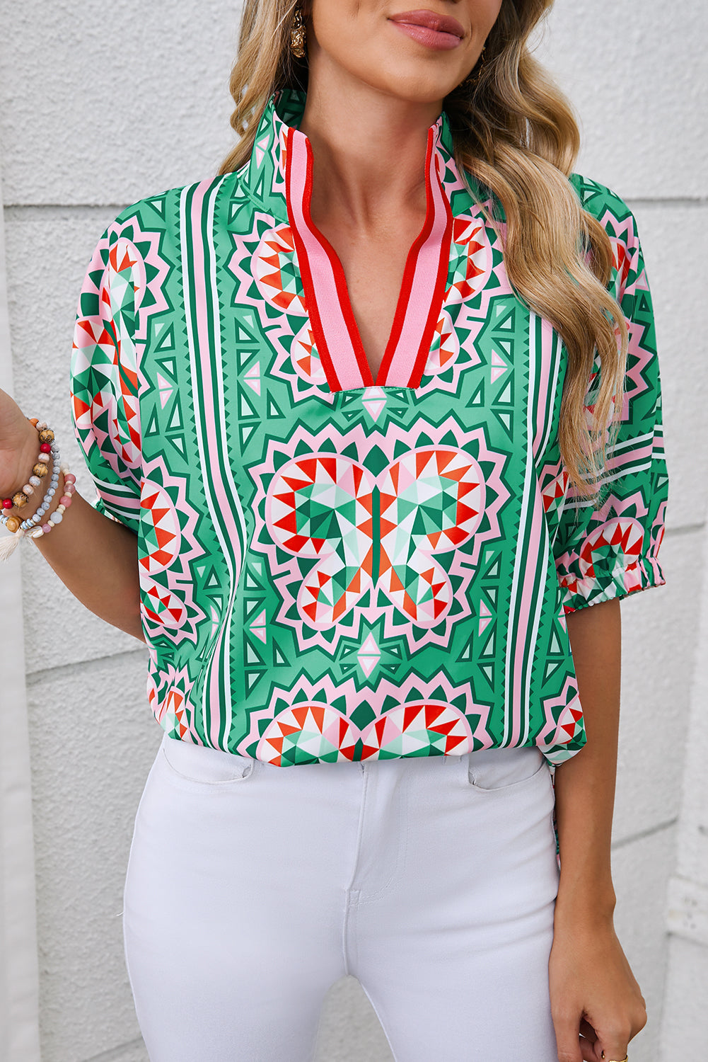 Sea Green Boho Geometric Print Pop of Color Neckline Blouse
