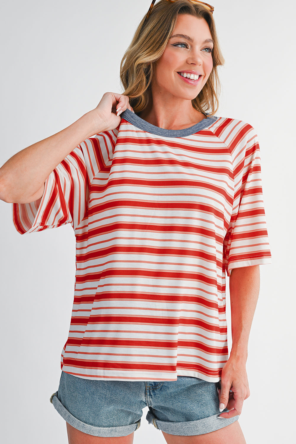 Tomato Red Striped Raglan Sleeve Contrast Neck T-Shirt