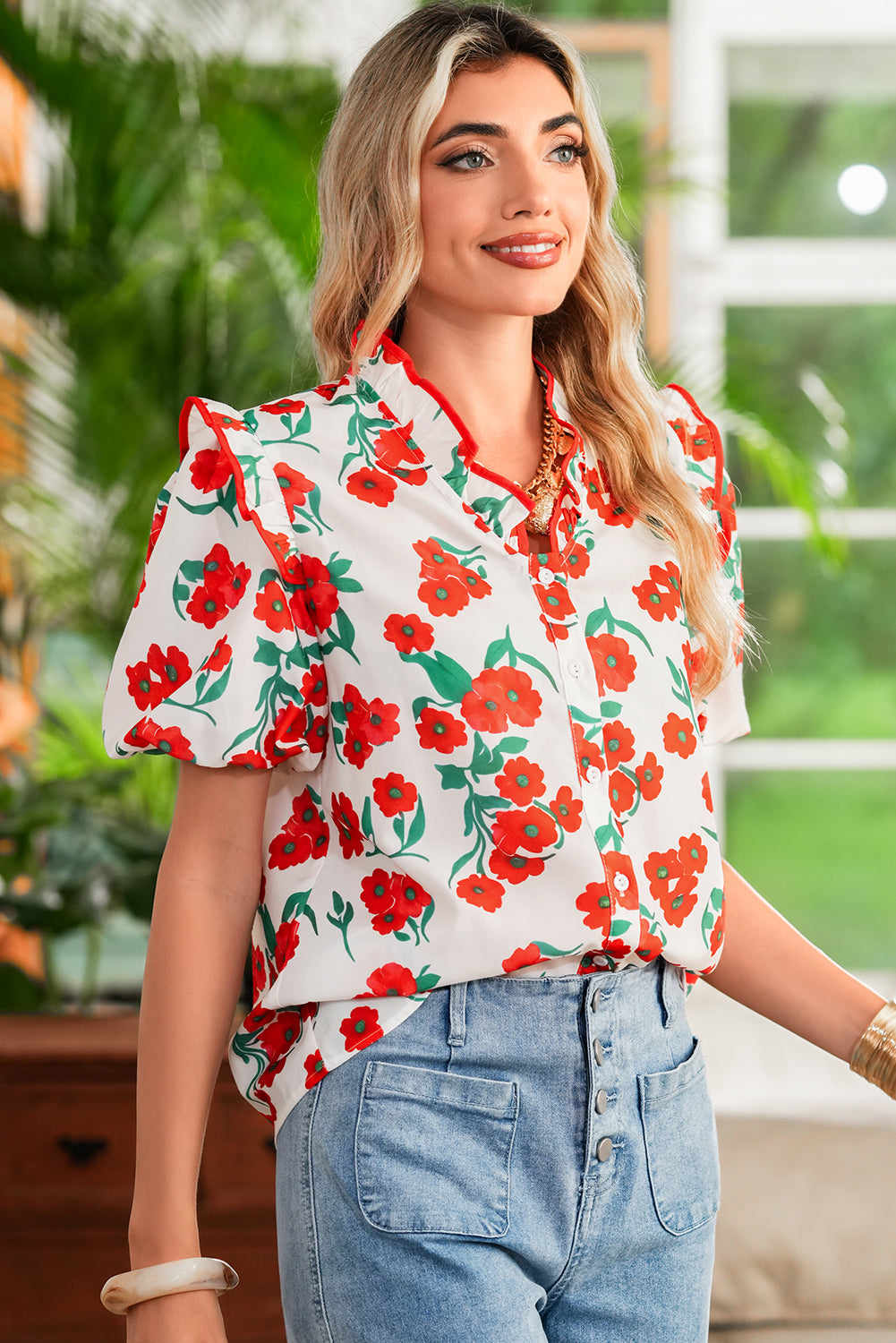 Red Floral Print Ruffle Puff Sleeve Summer Shirt