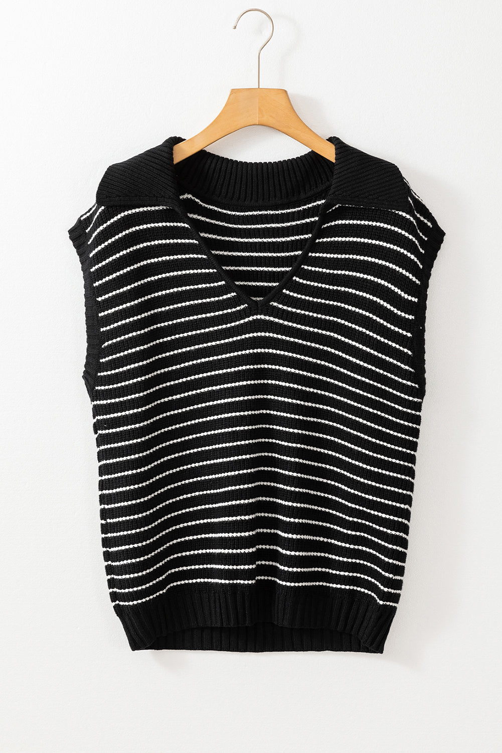 Black Stripe Turn-down Collar Sleeveless Knitted Top