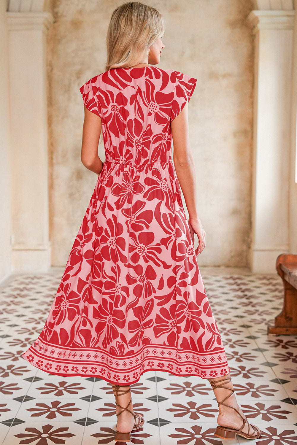 Red Boho Floral V-Neck Ruffle Shoulder Maxi Dress