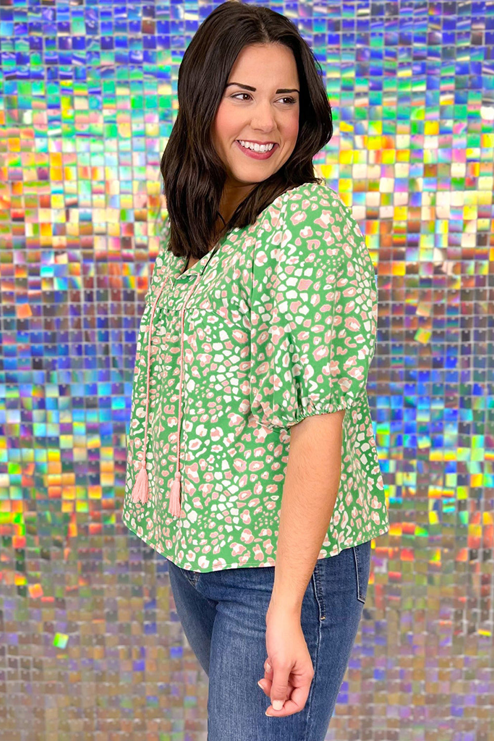 Green Plus Size Leopard Tassel Tie Split Neck Puff Sleeve Blouse