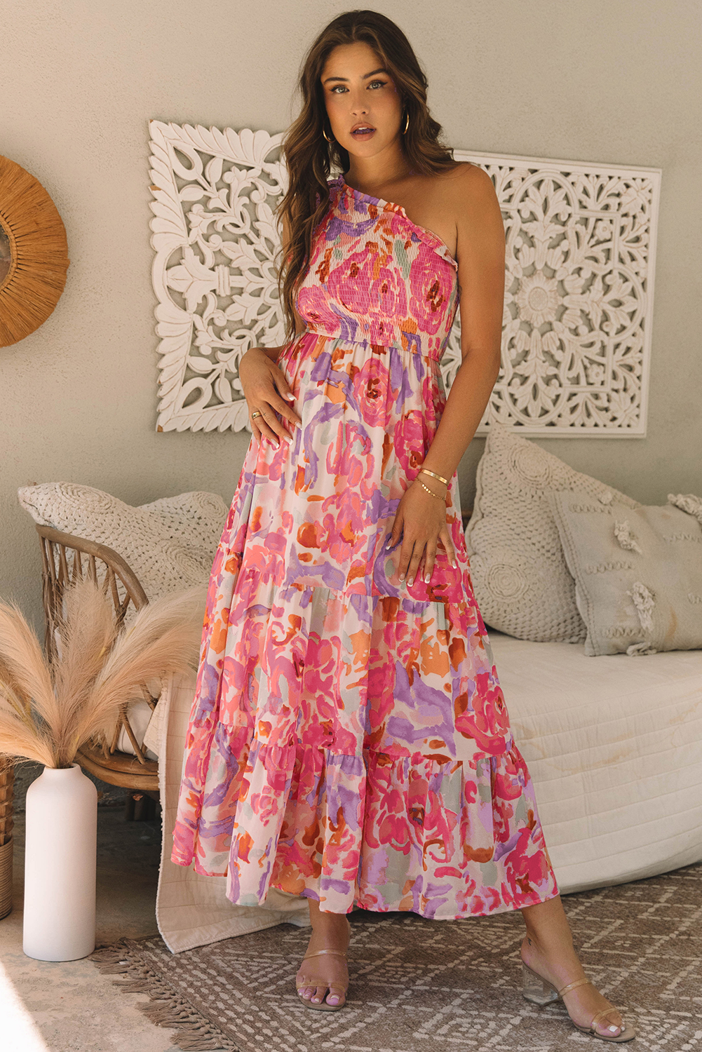 Malaysia Floral Print Shirred One Shoulder Maxi Dress-2