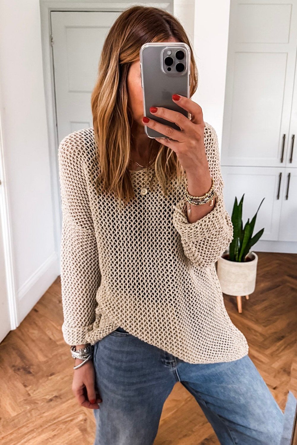 Smoke Gray Crochet Hollow-out Knit Sweater