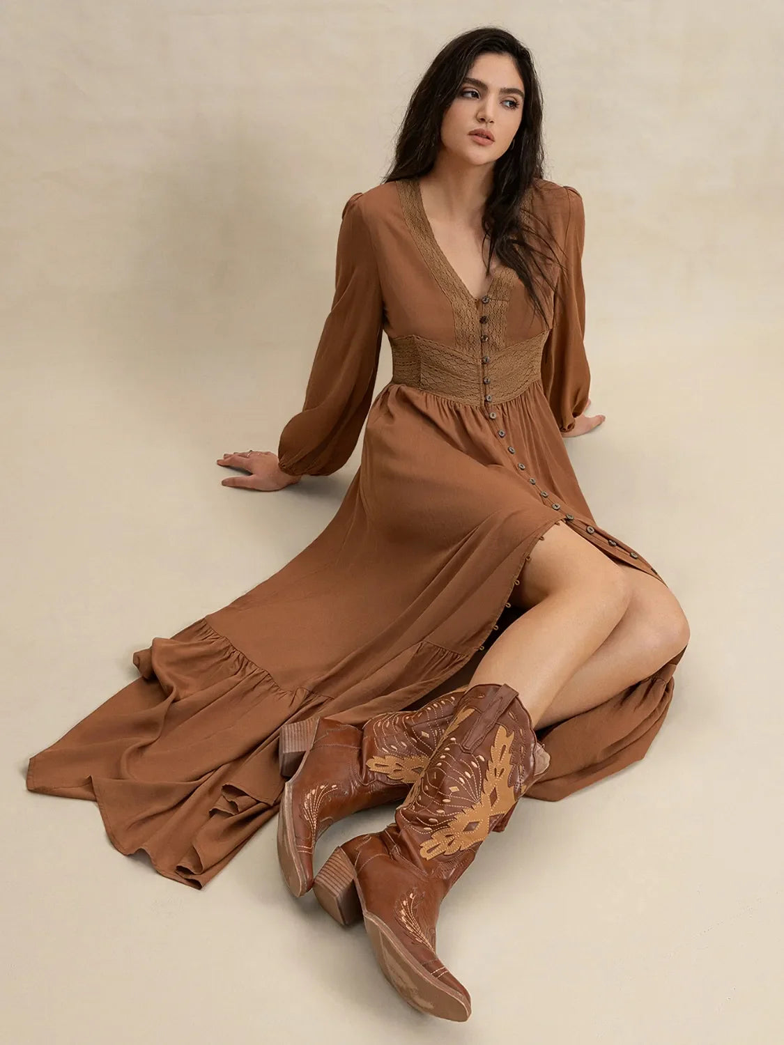 Ruffled Hem V-Neck Balloon Sleeve Maxi Dress