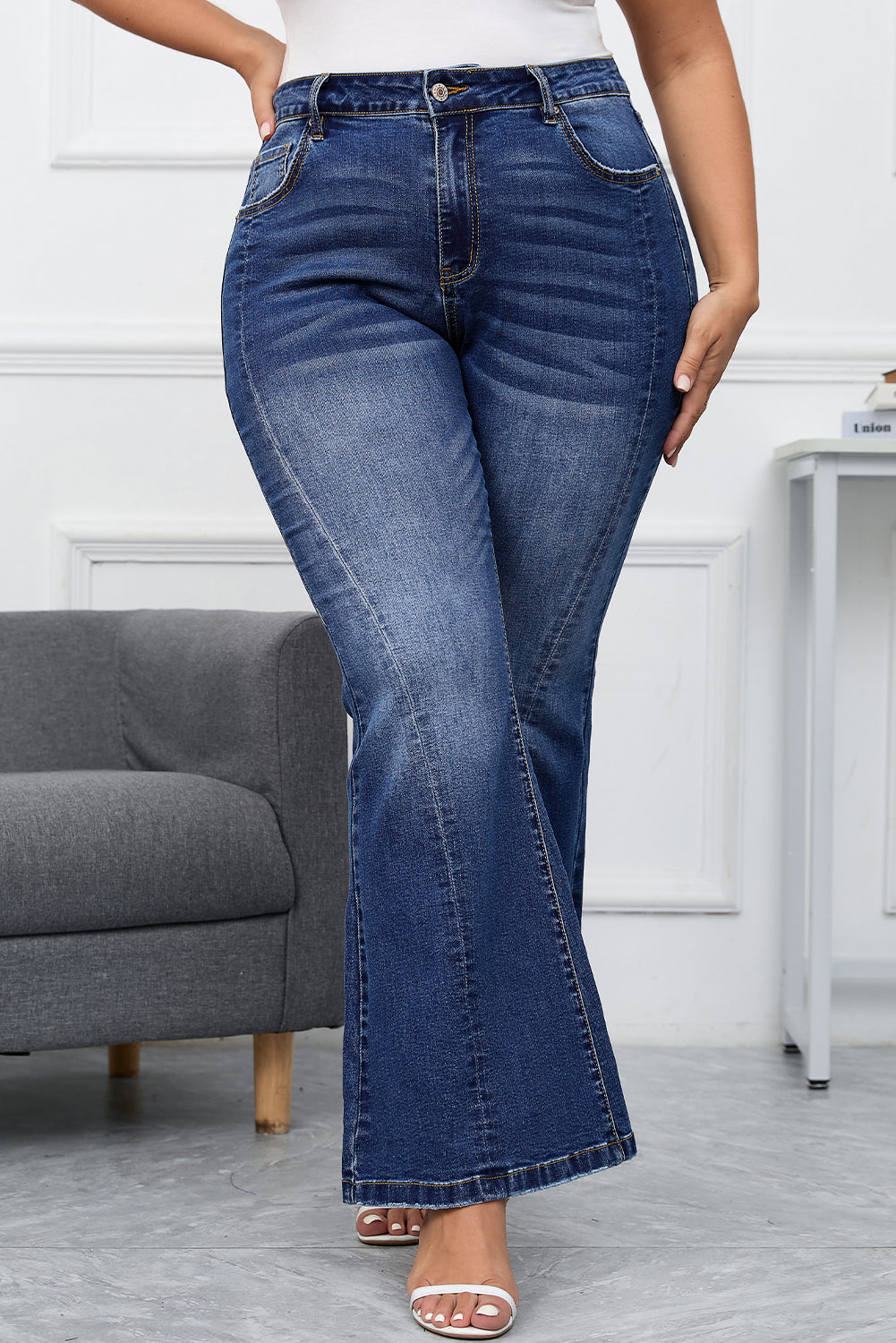 Aila Dark Blue Plus Size Stitching Flare Jeans-0