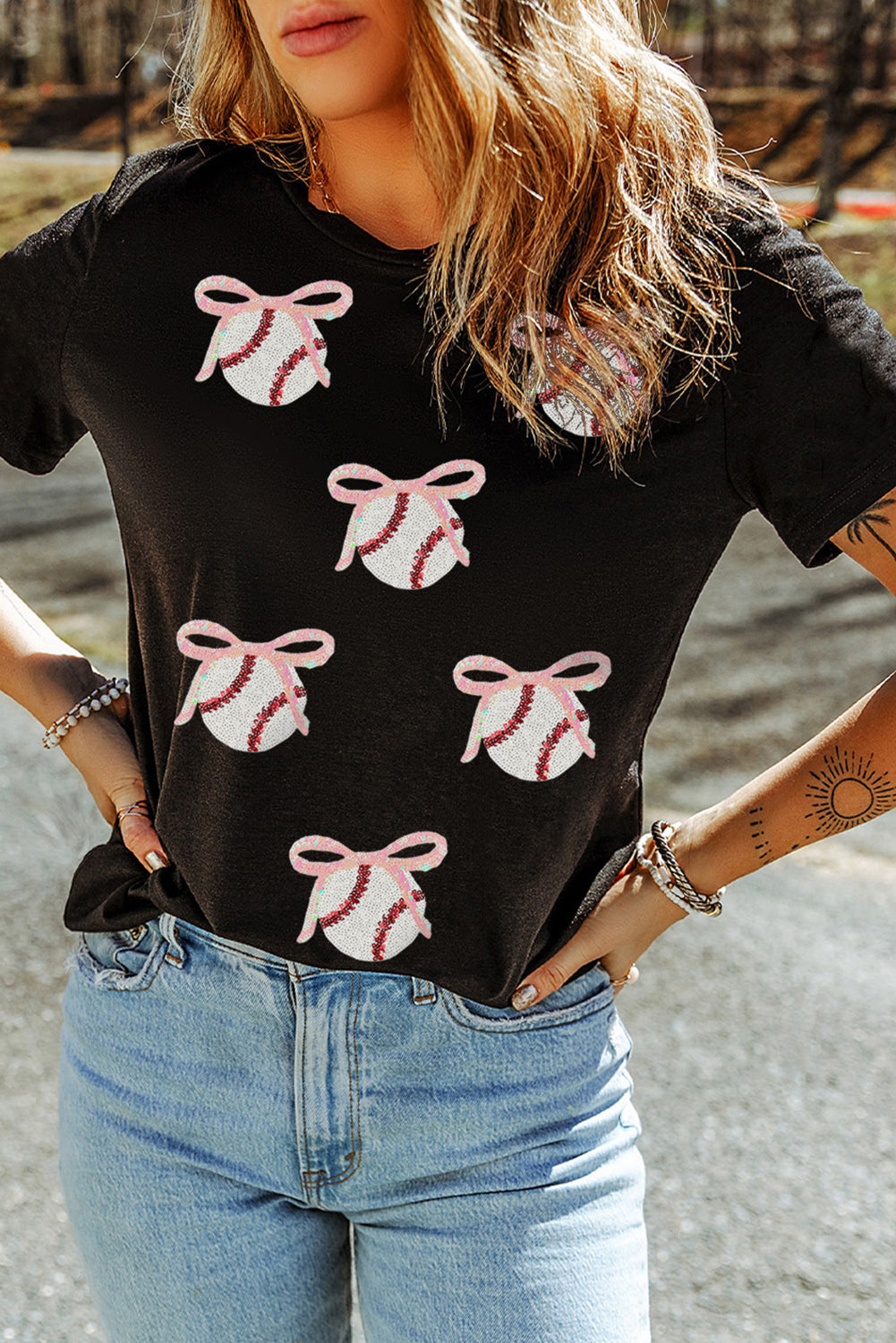 Black Shimmering Sequin Bow Ball Patterned Game Day Casual Tee