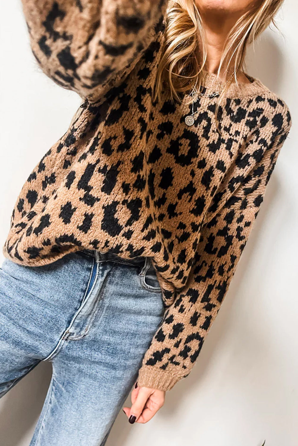Light French Beige Leopard Round Neck Long Sleeve Sweater