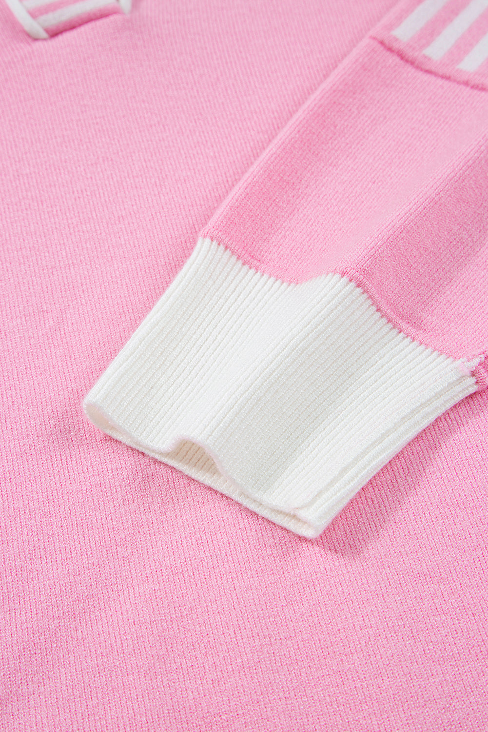 Pink Striped V Neck Collared Colorblock Patchwork Sweater