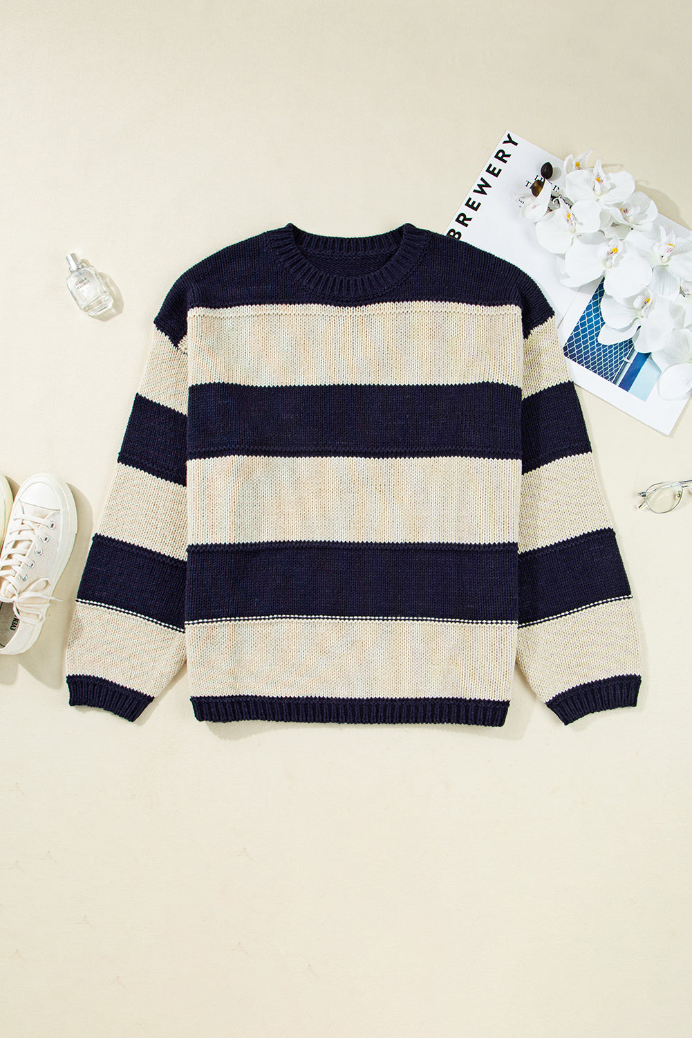 Blue Striped Plus Size Drop Shoulder Sweater