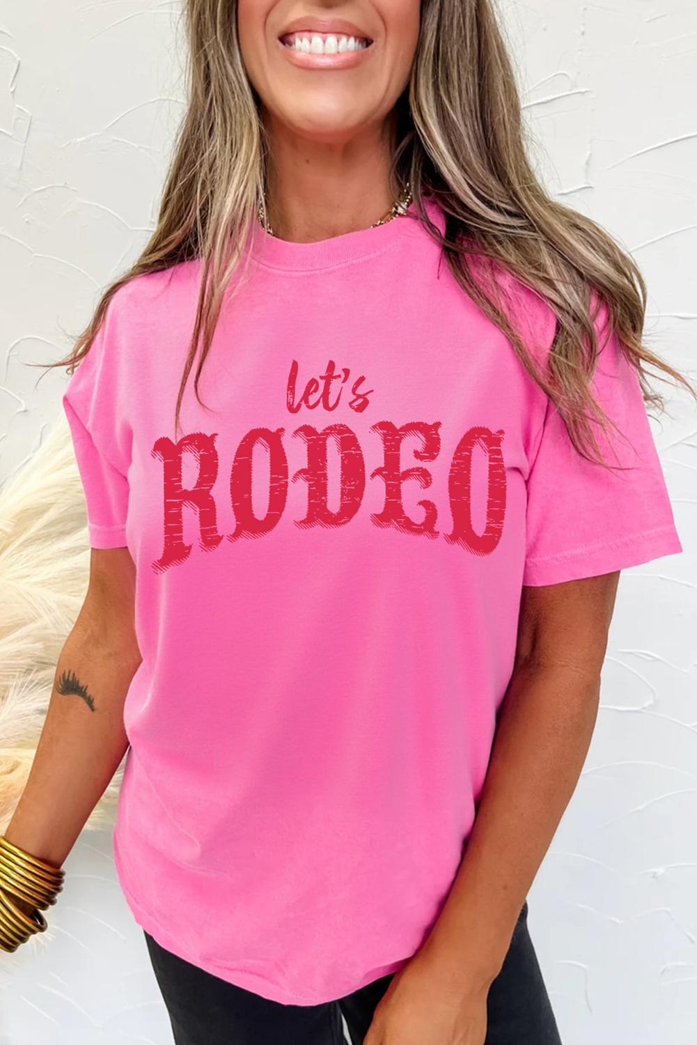 Rose Red Lets Rodeo Crew Neck Graphic Tee