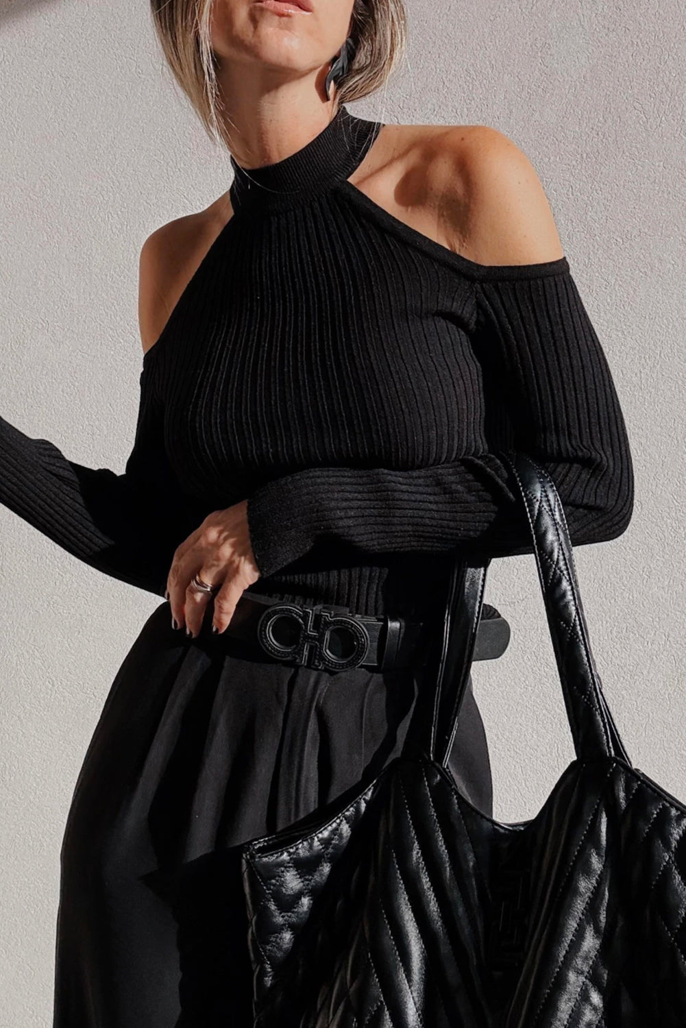 Black Ribbed Knit Cold Shoulder Choker Neck Sweater