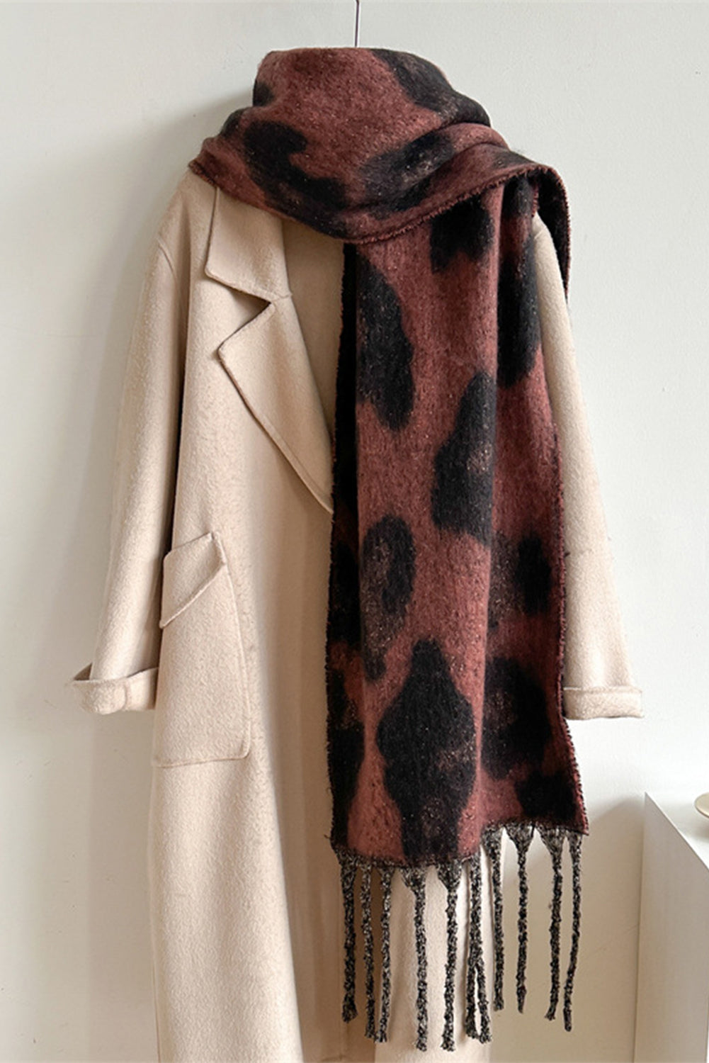 Desert Rose Leopard Print Fringe Scarf
