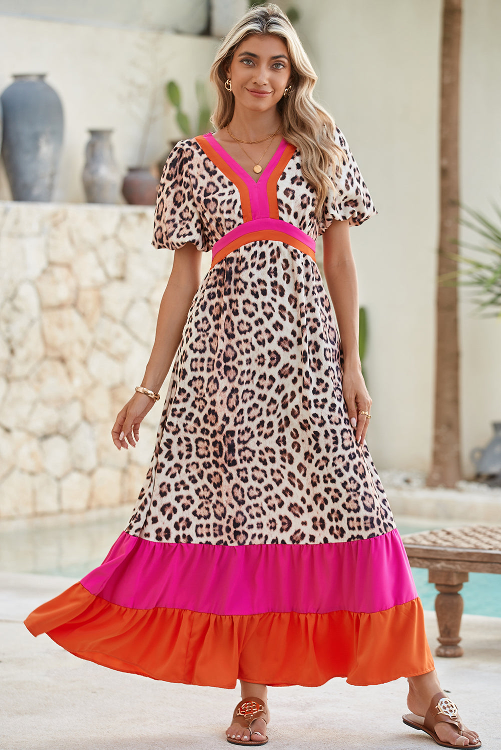 Bright Pink Leopard Print Colorblock Pop of Color Neckline Dress