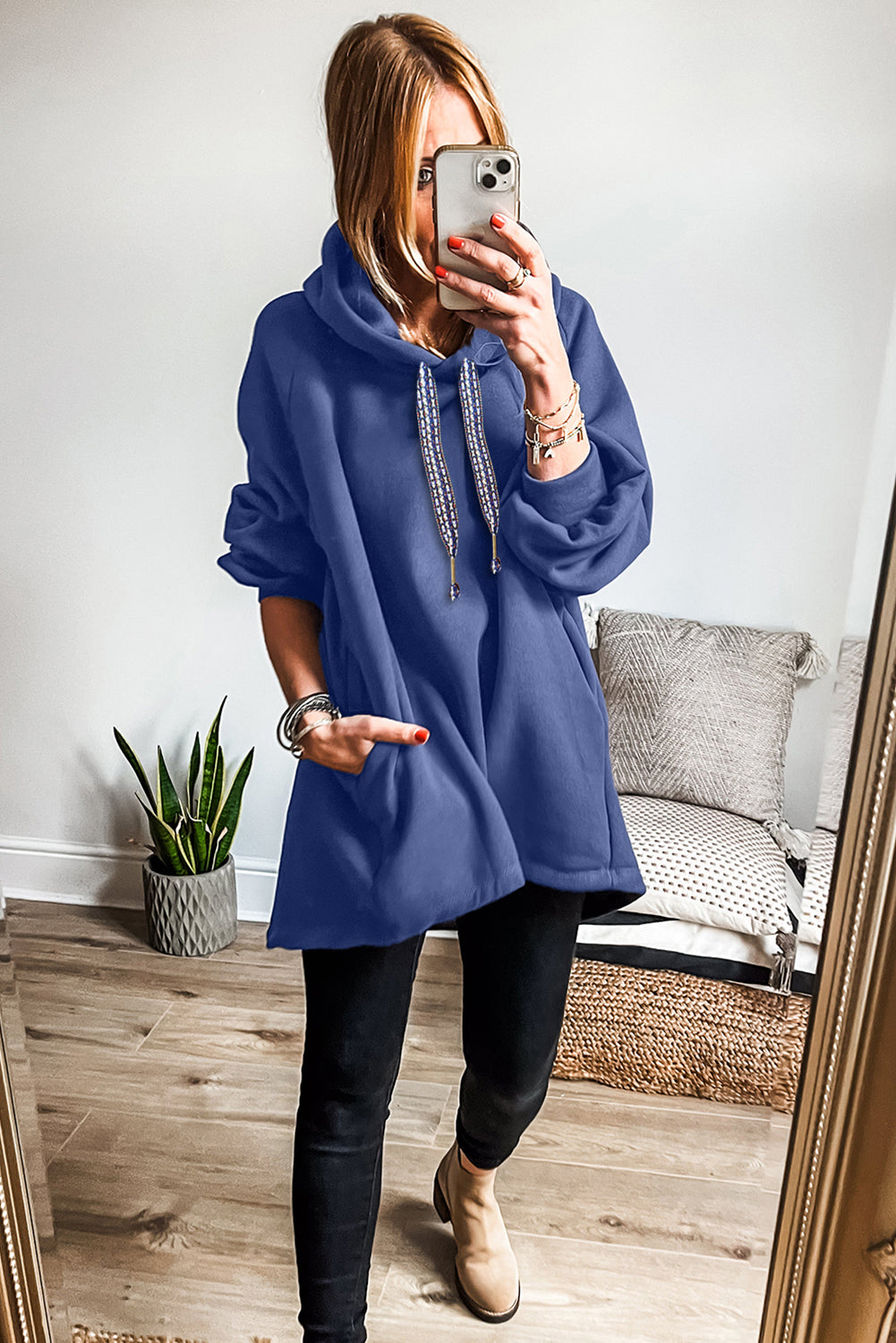 Dirty Blue Drawstring Hooded Tunic Sweatshirt