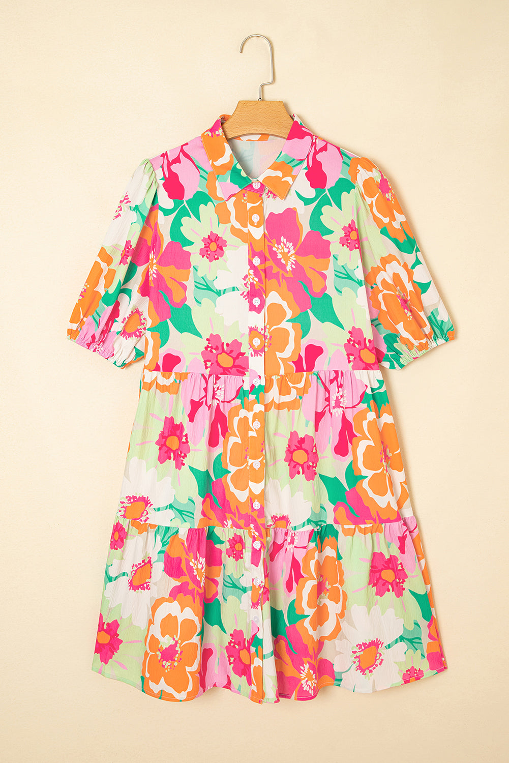 Pink Floral Puff Sleeve Collar Buttoned Babydoll Dress