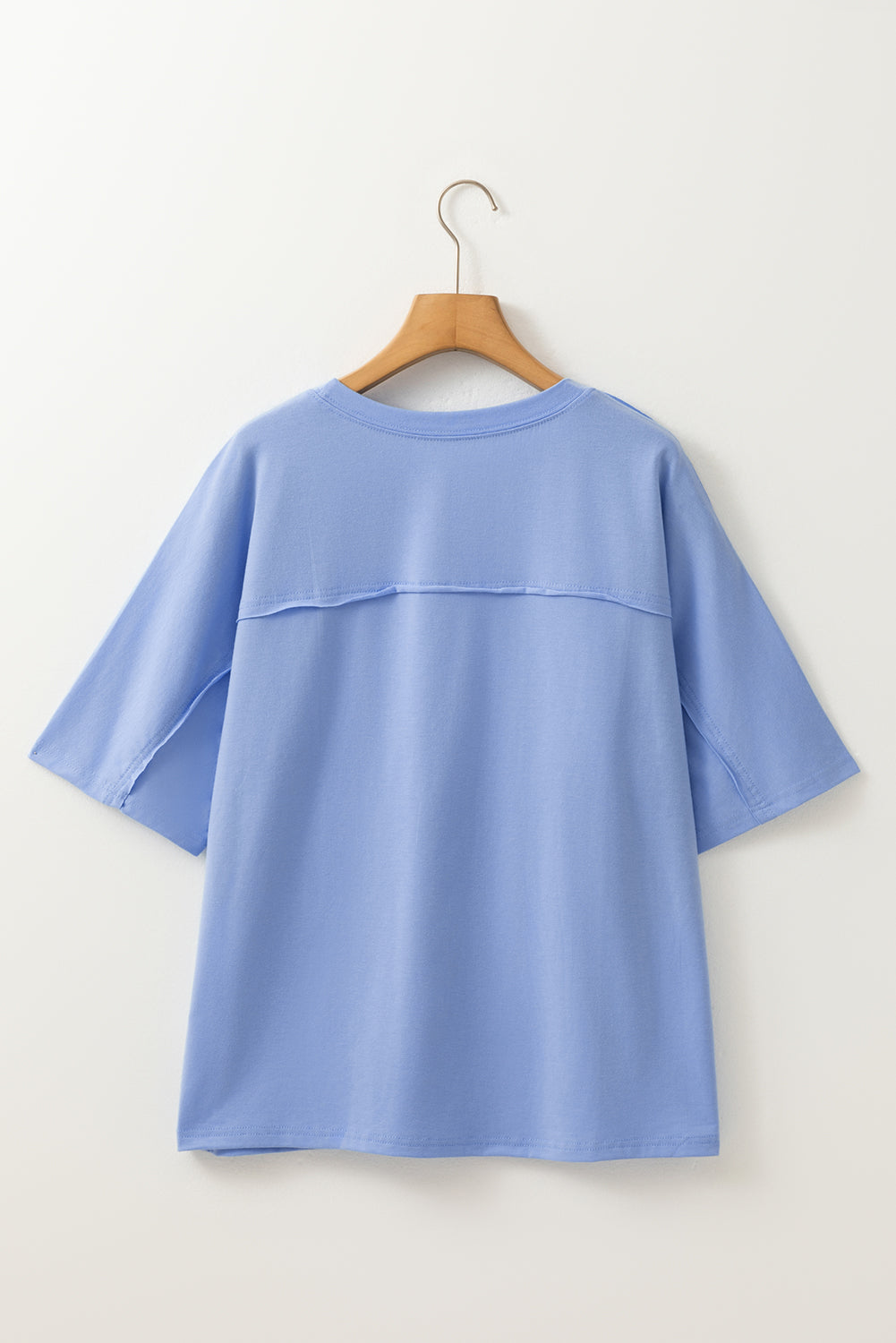 Sky Blue Flower Patched Exposed Stitching Trim Loose Tee