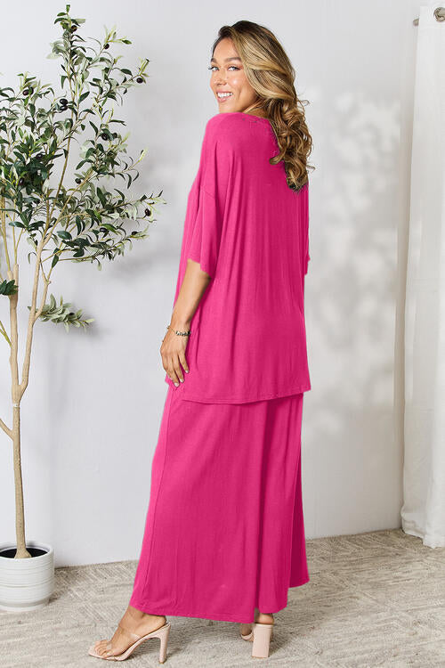 Double Take Full Size Round Neck Slit Top and Pants Set-4