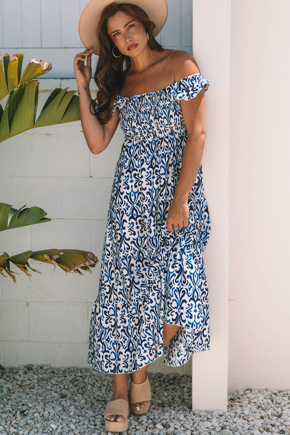 Malka Boho Smocked High Waist Maxi Dress-3