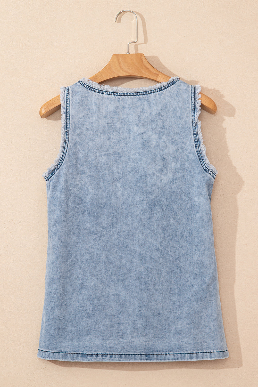 Beau Blue Mineral Wash Denim Frayed U Neck Sleeveless Top