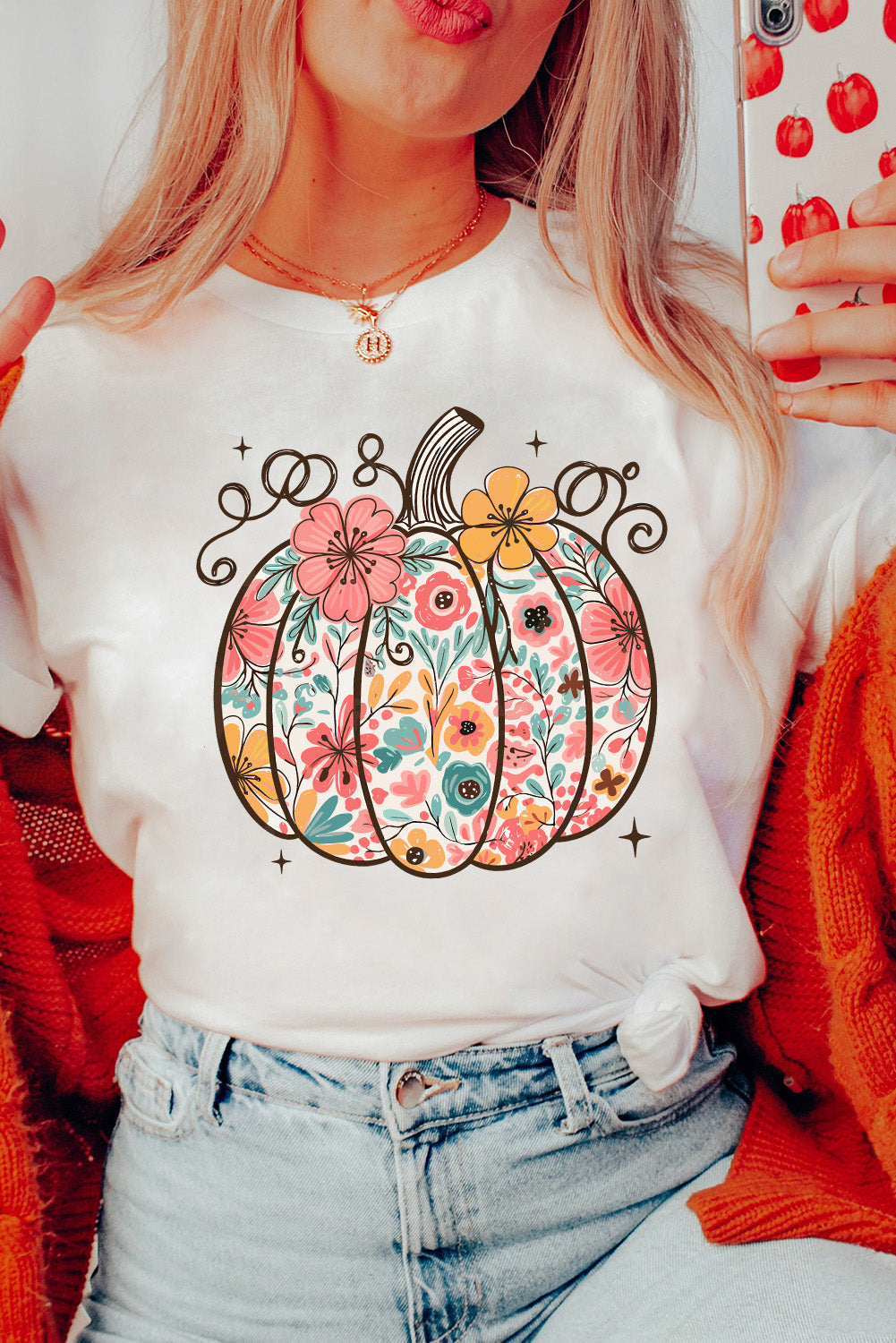 White Floral Pumpkin Print Cotton Blend T Shirt