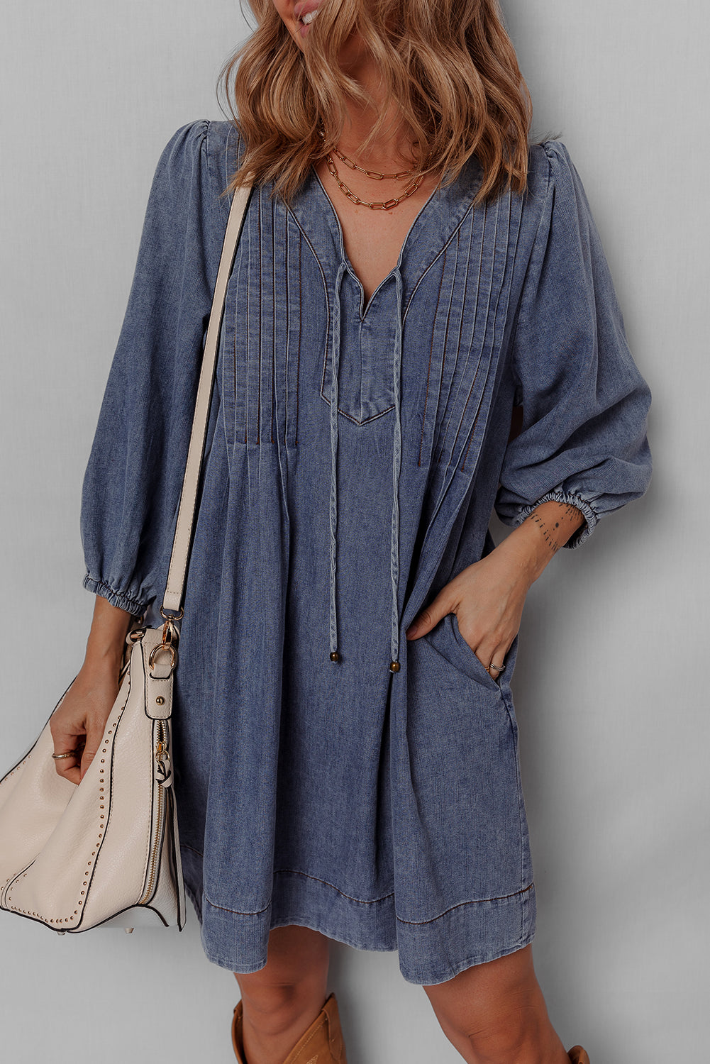 Sail Blue Pleated V Neck 3/4 Sleeve Denim Mini Dress