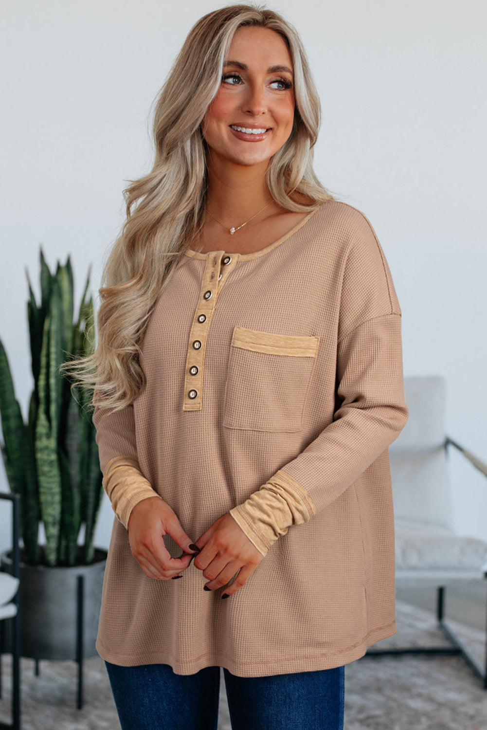 Dark Khaki Waffle Textured Patchwork Tunic Henley Top