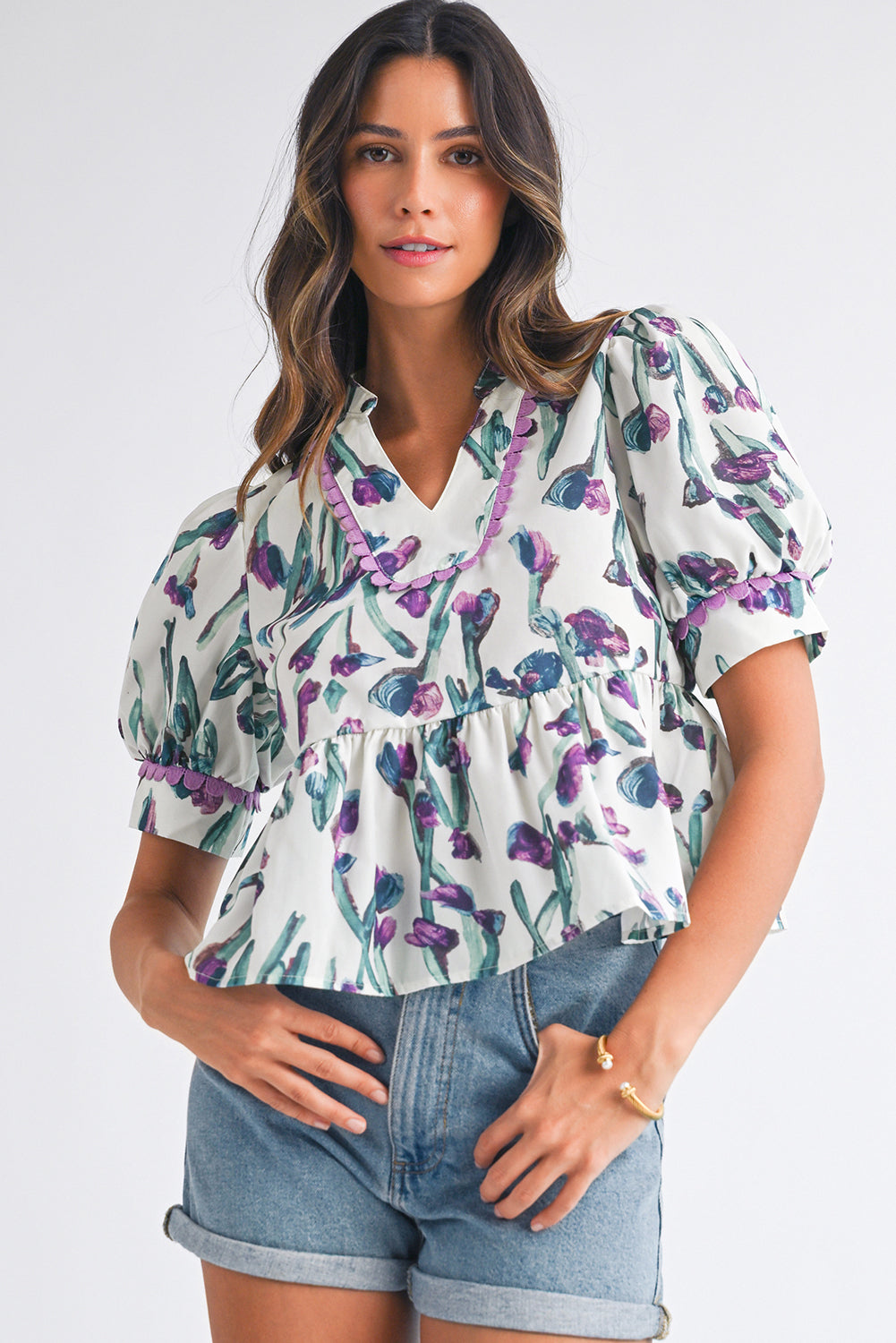 Purple Floral Ricrac Trim Puff Sleeve Peplum Blouse