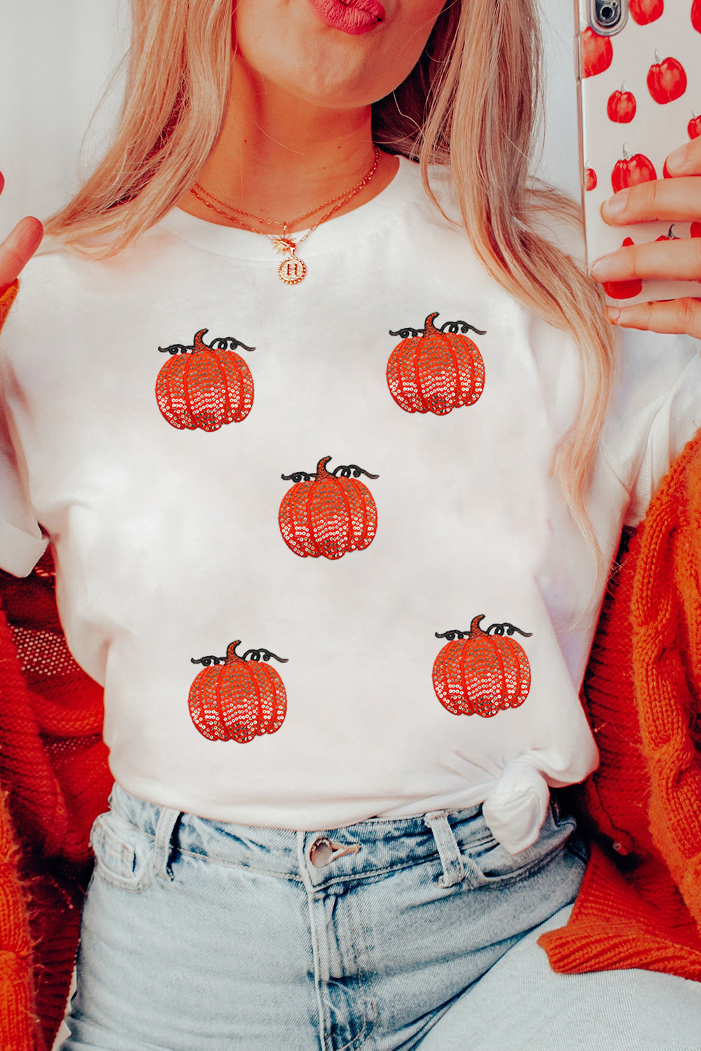 White Glitter Pumpkin Patched Cotton Blend T Shirt