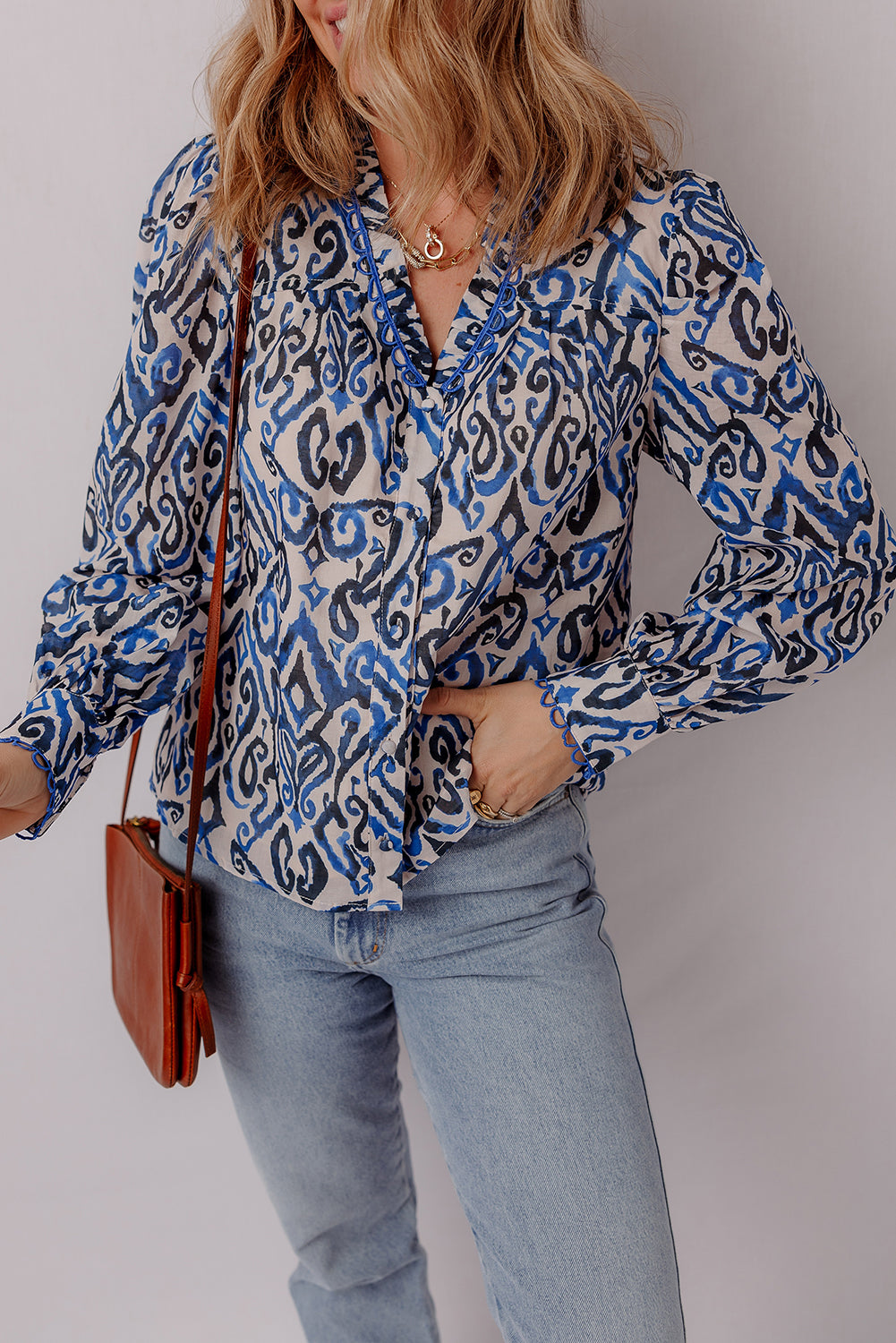 Blue Bohemian Abstract Print Frill V Neck Long Sleeve Blouse