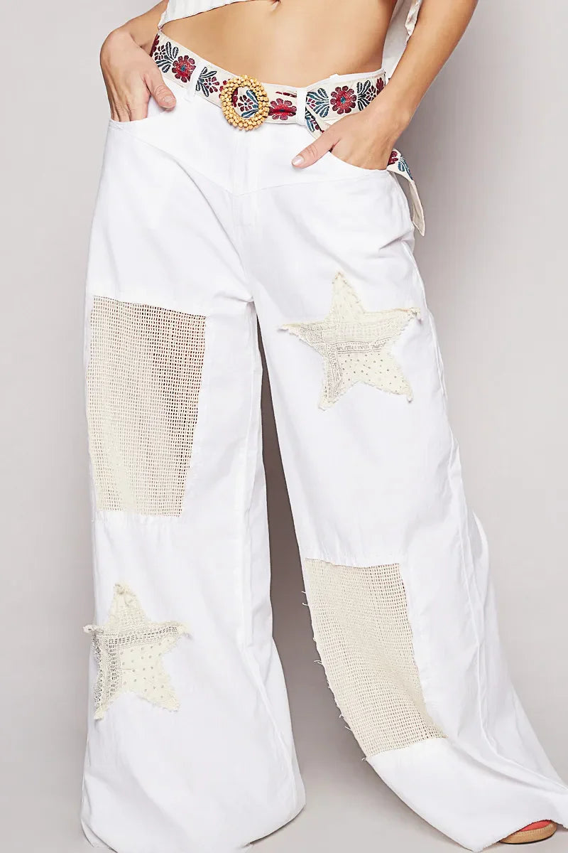 Raw Hem Star Patch Wide Leg Pants