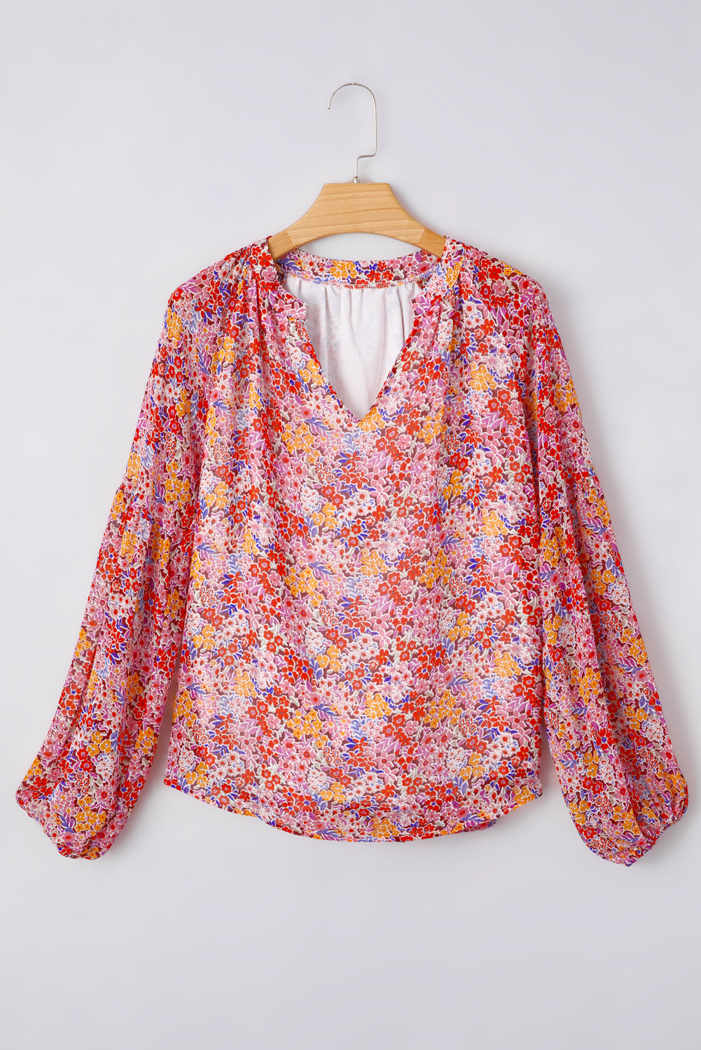 Red Boho Floral Print V Neck Long Sleeve Blouse