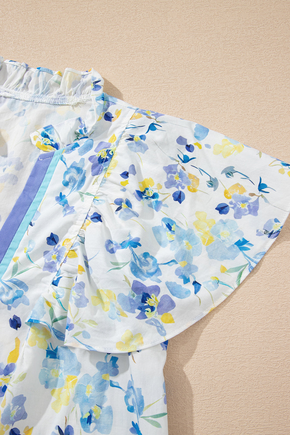 Sky Blue Floral Print Frilled Notch V Neck Ruffle Blouse