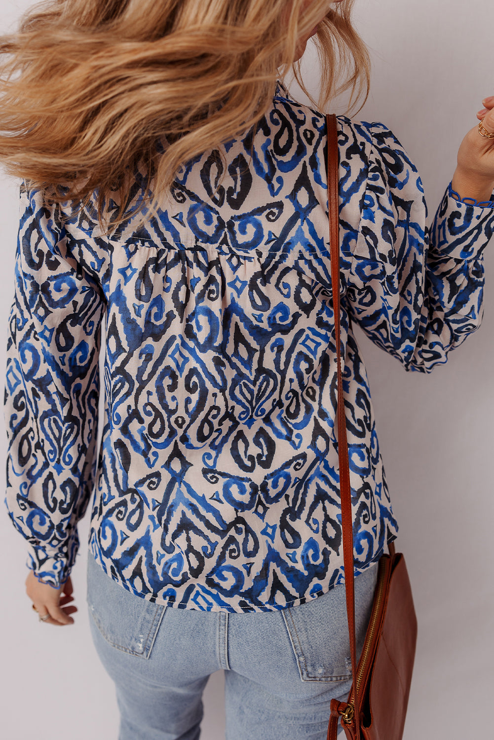 Blue Bohemian Abstract Print Frill V Neck Long Sleeve Blouse