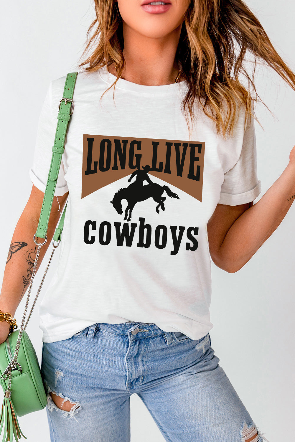 White LONG LIVE Cowboys Western Graphic Loose Tee