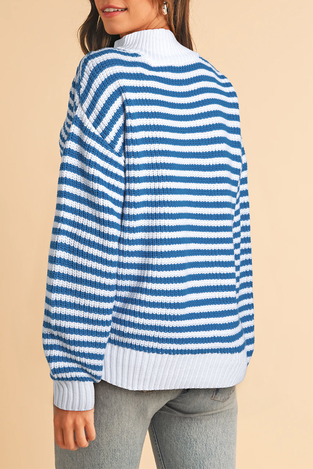 Sky Blue Stripe Zip up Collar Drop Sleeve Sweater