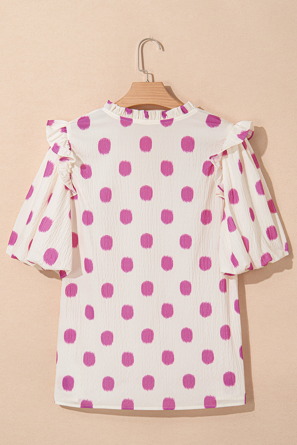 Rose Polka Dot Print Shirred Notched Neck Puff Sleeve Blouse
