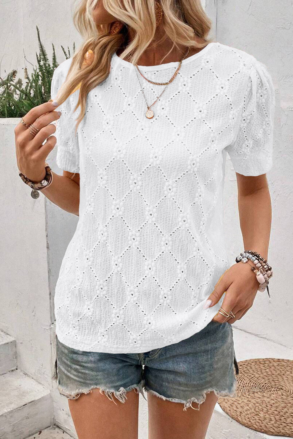 White Embroidered Floral Geometric Button Short Sleeve Top