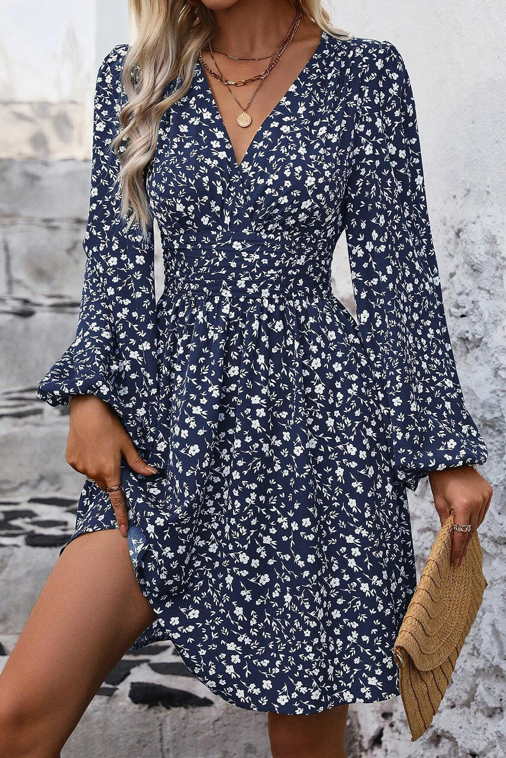 Dirty Blue Floral Print V Neck Long Sleeve Mini Dress