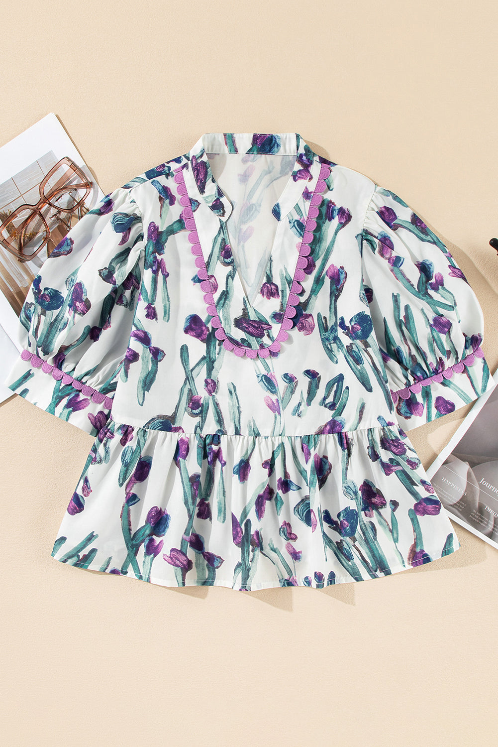 Purple Floral Ricrac Trim Puff Sleeve Peplum Blouse