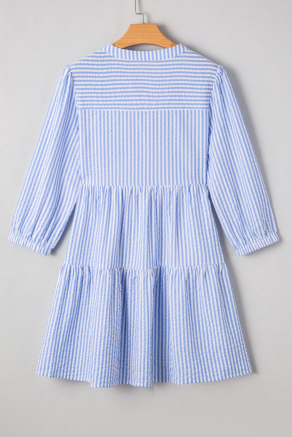 Sky Blue Striped Textured Bracelet Sleeve Tiered Mini Dress