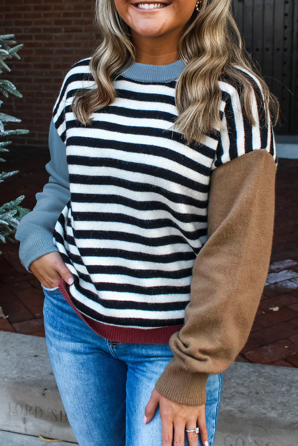 Black Striped Colorblock Patchwork Long Sleeve Sweater