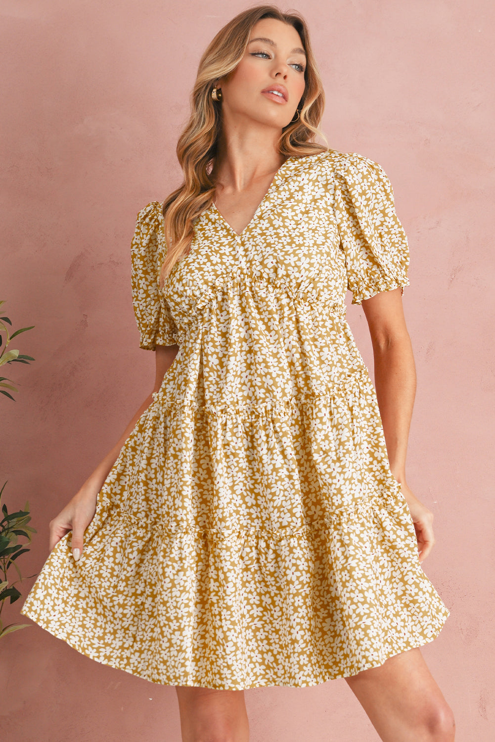 Yellow Floral Short Sleeve V Neck Frill Tiered Mini Dress