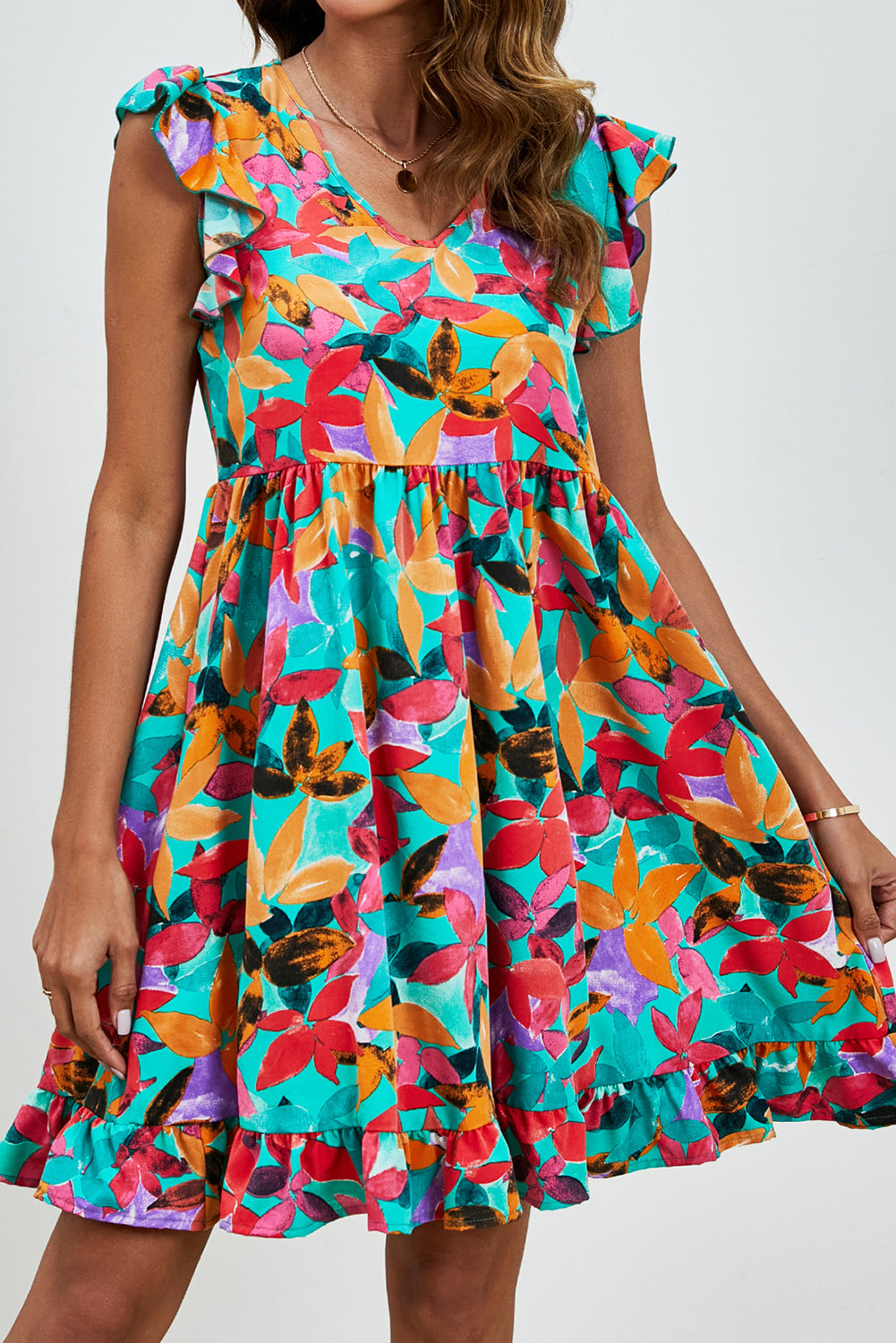 Green Leaf Print V Neck Fluttter Sleeveless Short Dress
