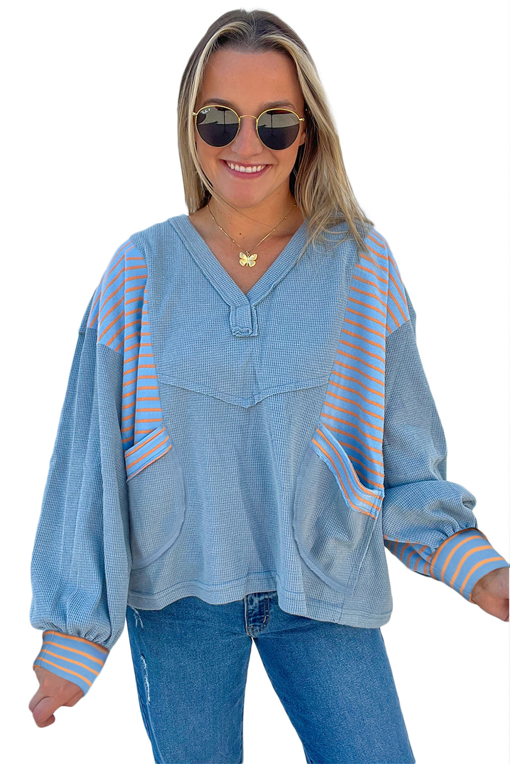 Dusk Blue Exposed Seam Waffle Striped Patchwork Baggy Pullover