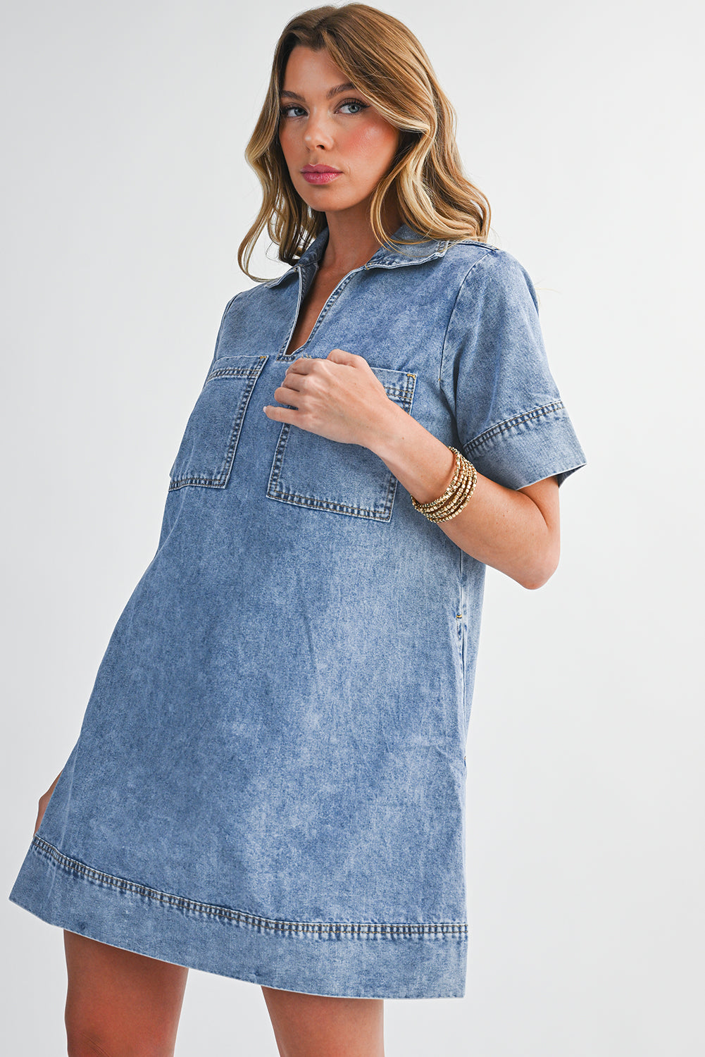 Beau Blue Short Sleeve Collared Chest Pocket Denim Mini Dress