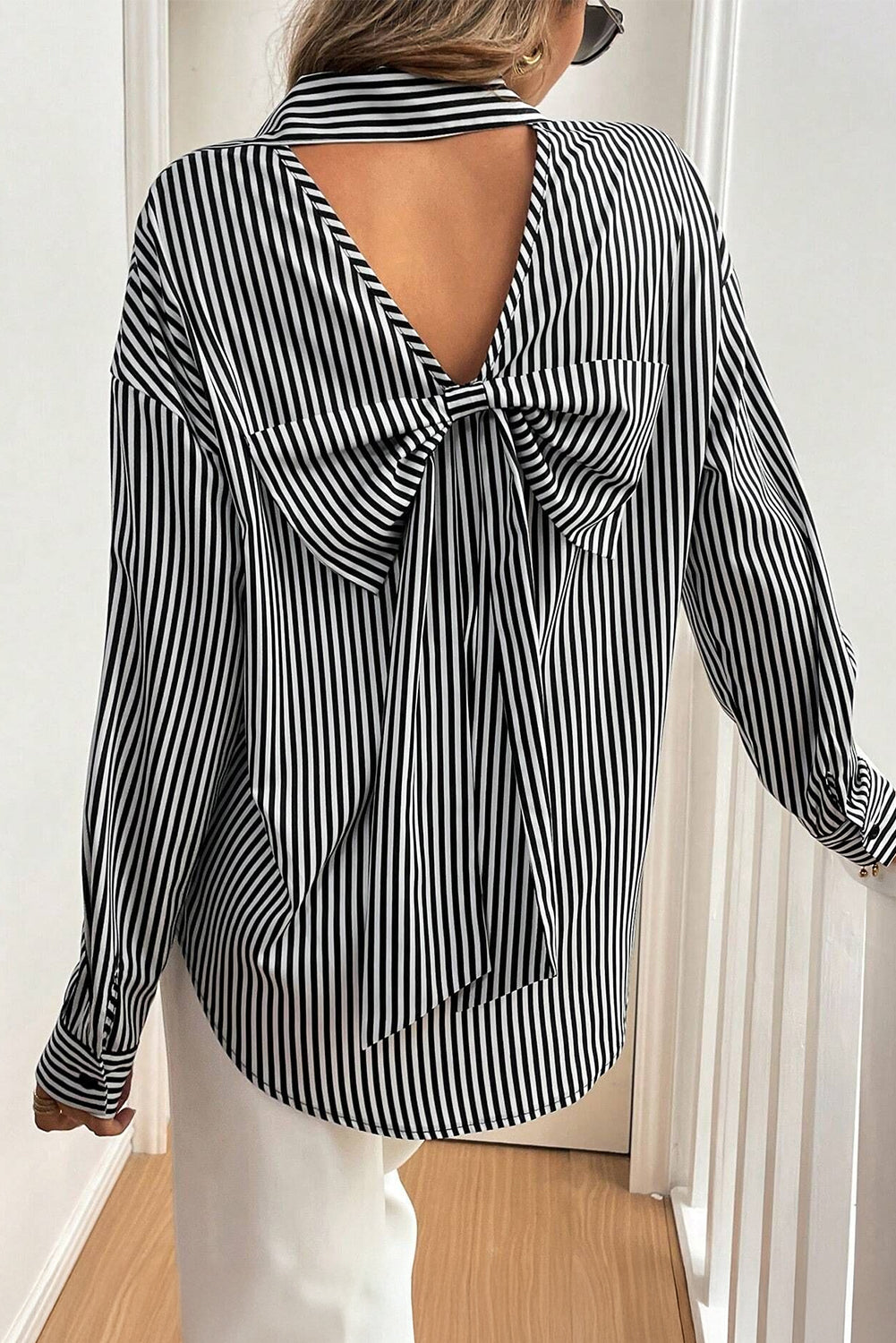 Black Striped Bow Backless Button Shirt
