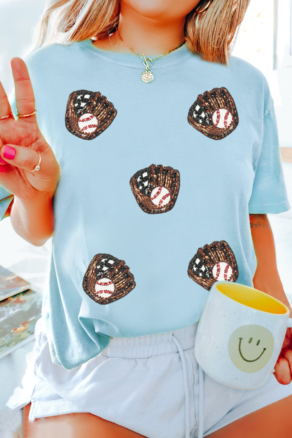 Light Blue Baseball Sequin Patched Casual T Shirt