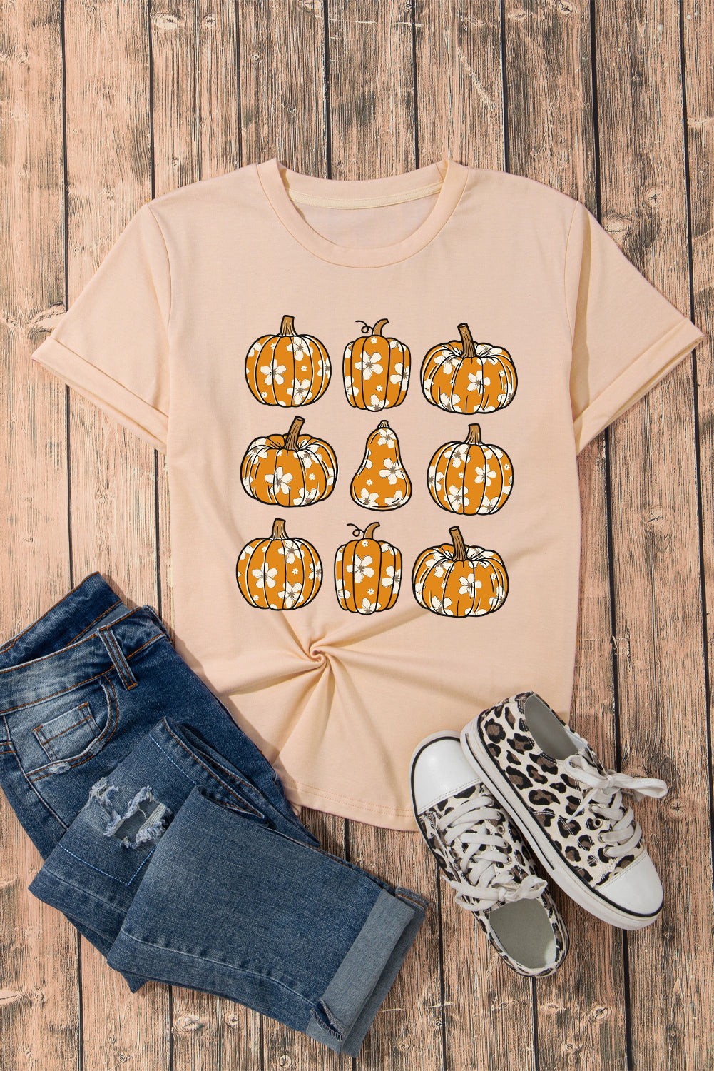 Khaki Fall Floral Pumpkin Print Casual Graphic T Shirt