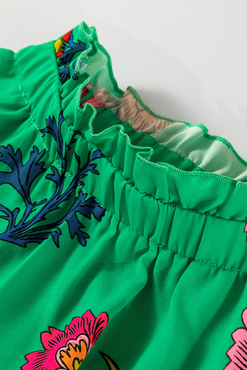 Green Floral Print Flutter Sleeve Frill Neck Blouse